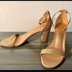 Gold Block Heel Sandals with Ankle Strap